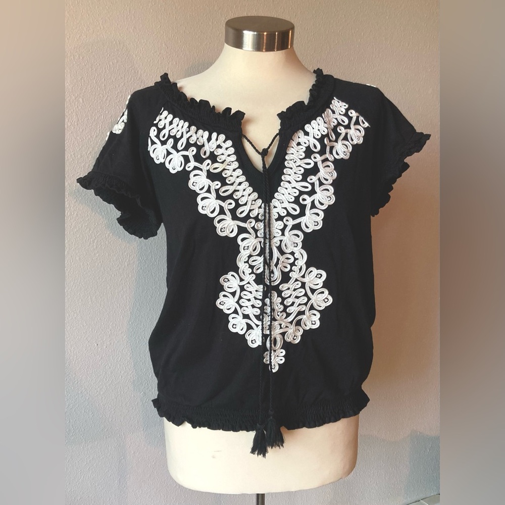 Inc black t-shirt with white embroidery and rhinestone embellishment. Medium